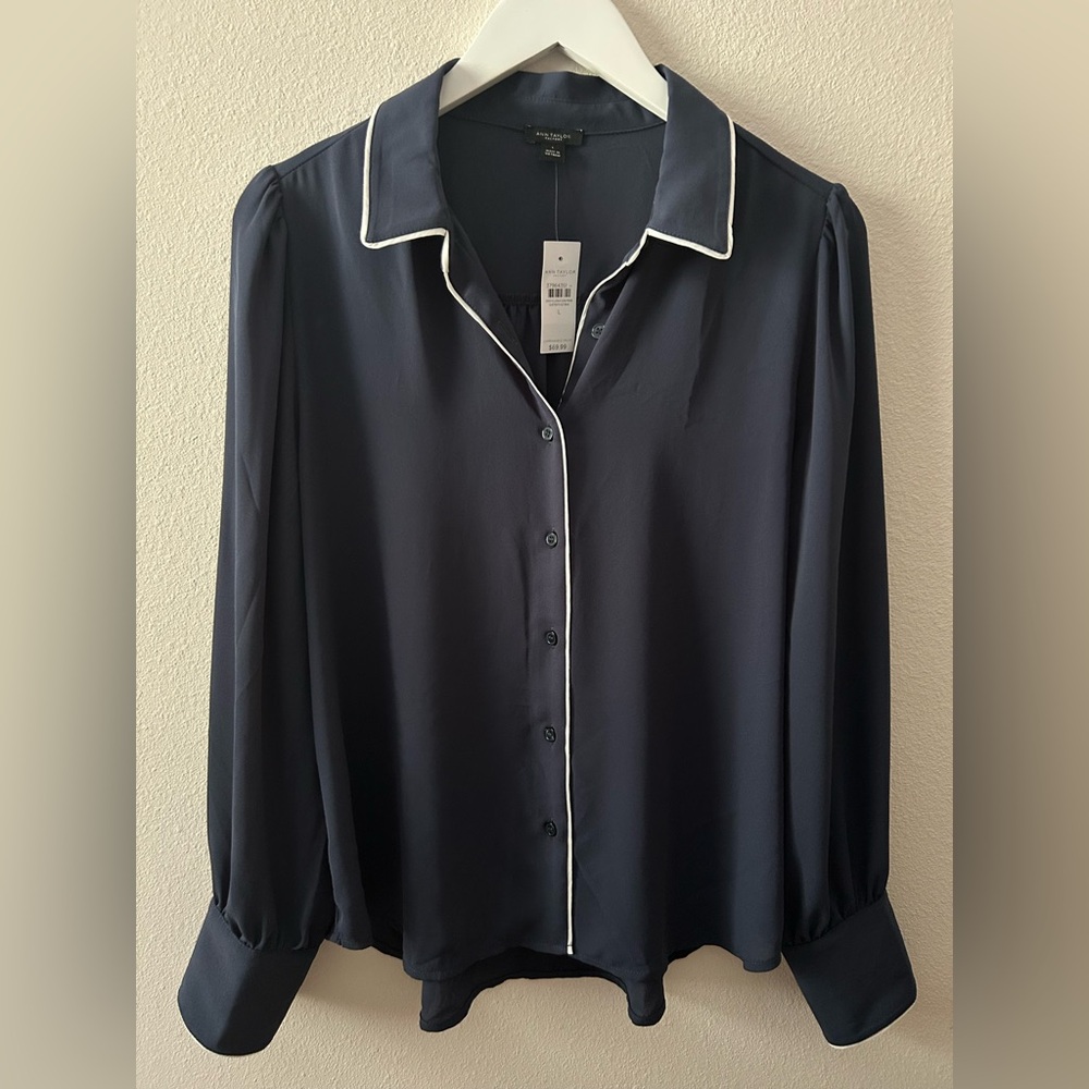 Ann Taylor Factory Navy Blue Button Down Top